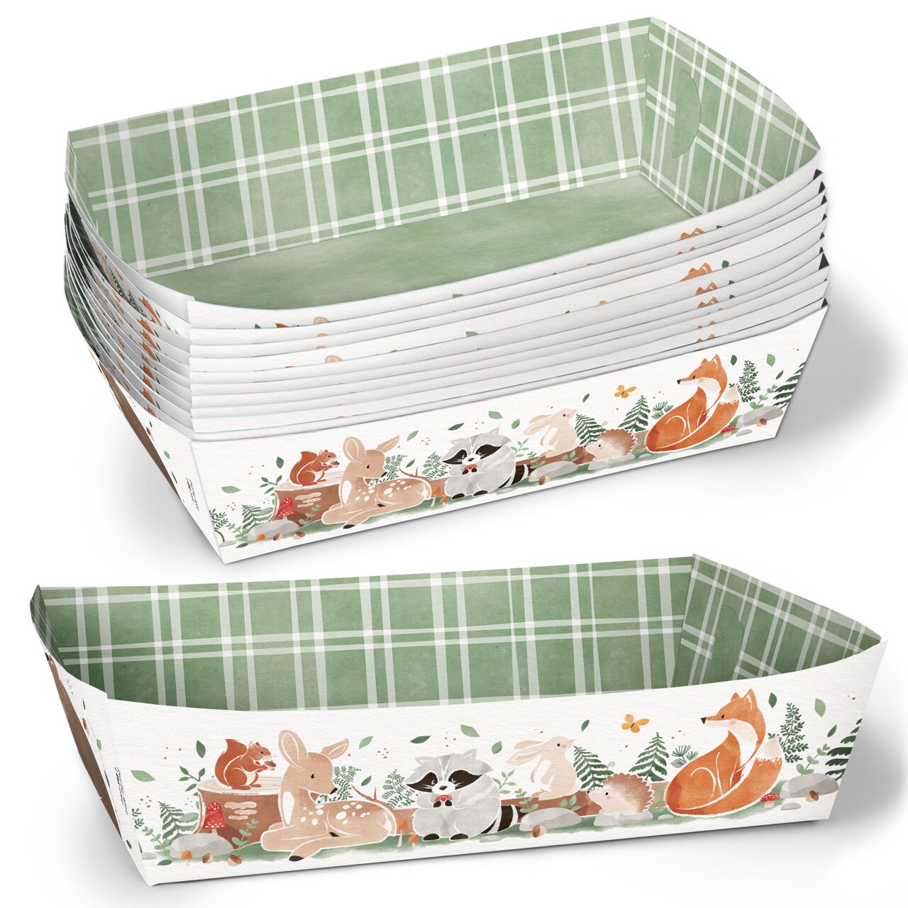 Big Dot of Happiness Woodland Animals Paper Food Trays, Disposable Food Boats Forest Baby Shower or Birthday, Double-Sided Paper Meal Holders - 12 Ct